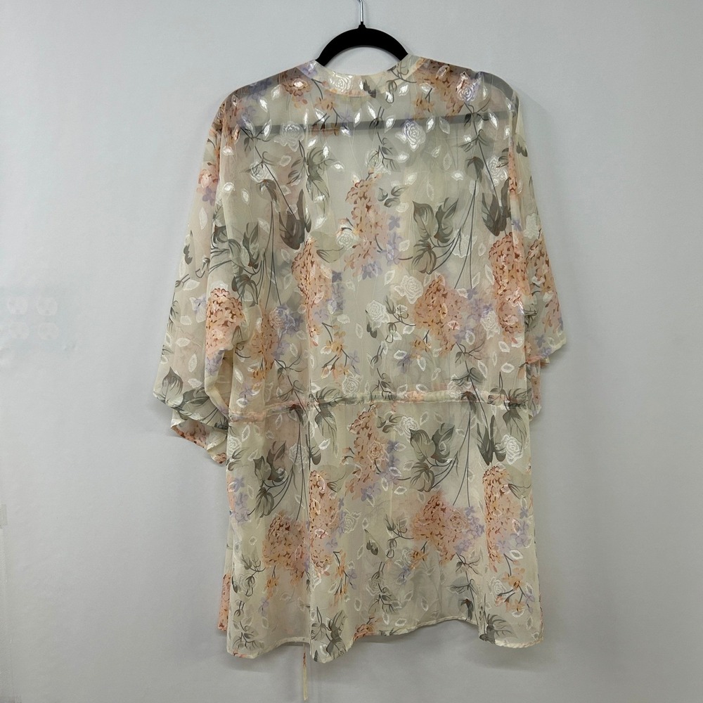 Floral Sheer Kimono Duster Cardigan M Romantic Boho Layering Open Front Longline - Picture 8 of 9